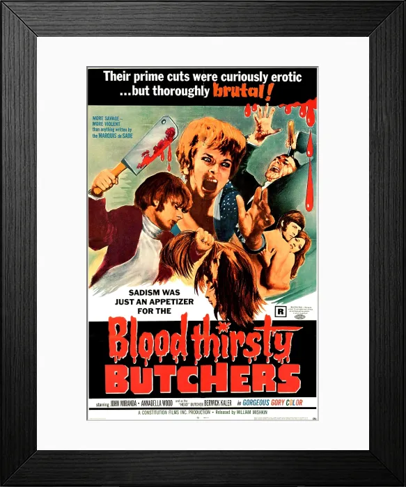 Framed Print : BLOODTHIRSTY BUTCHERS, (aka THE HEADLESS EYES), US poster art, 1970 (US release, 1971)
