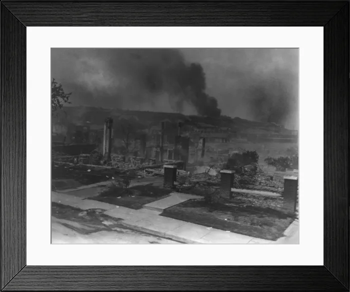 Framed Print : Smoldering ruins of African American's homes following race riots in Tulsa, Oklahoma, in 1921