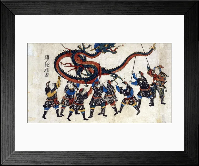Framed Print : Japanese print shows eight Chinese men holding up a dragon with sticks for the dragon dance. Ca. 1875