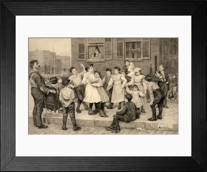Framed Print : An organ grinder provides music for a sidewalk dance of children in a large American city. 1894 Framed Print : An organ grinder provides music for a sidewalk dance of children in a large American city. 1894
