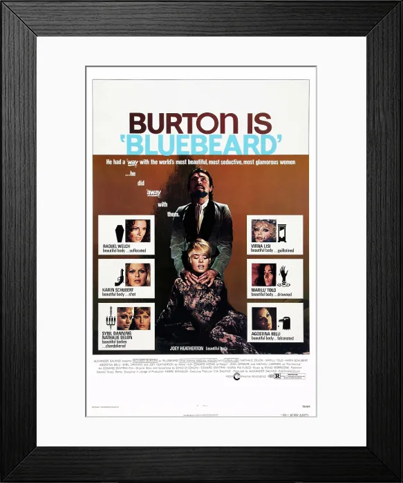 Framed Print : BLUEBEARD, US poster art, Raquel Welch, Karin Schubert, Sybil Danning, Nathalie Delon, Joey Heatherton, Richard Burton, Virna Lisi, Maril Tolo, Agostina Belli, 1972