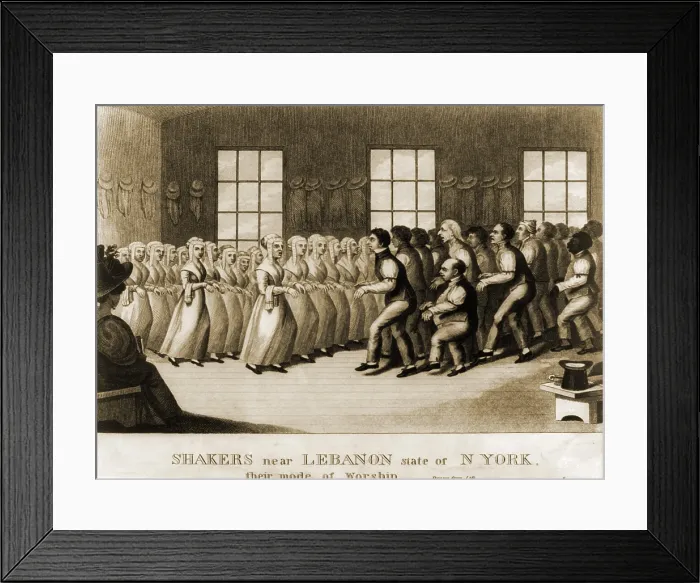 Framed Print : Shakers, separated by gender, performing a step dance in the meeting hall at New Lebanon, New York. Ca. 1830