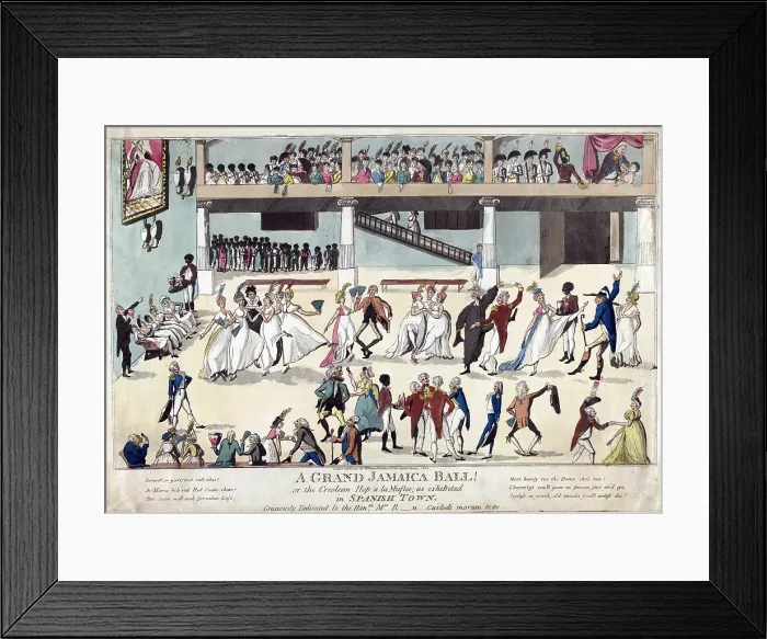 Framed Print : British colonists dancing and served by African slaves at a ball in Spanish Town, Jamaica. The print six lines of verse warning women against loose living