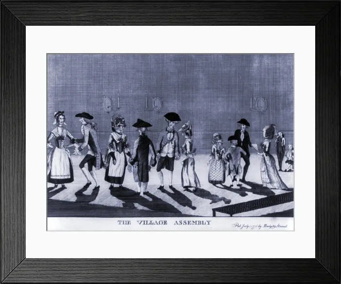 Framed Print : Caricature of stately dance performed at a British village assembly. 1776 Framed Print : Caricature of stately dance performed at a British village assembly. 1776