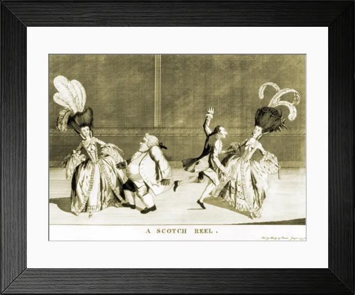 Framed Print : Two couples dancing a Scottish reel. The ladies wear the monstrous feathered coiffures then fashionable. Ca. 1775