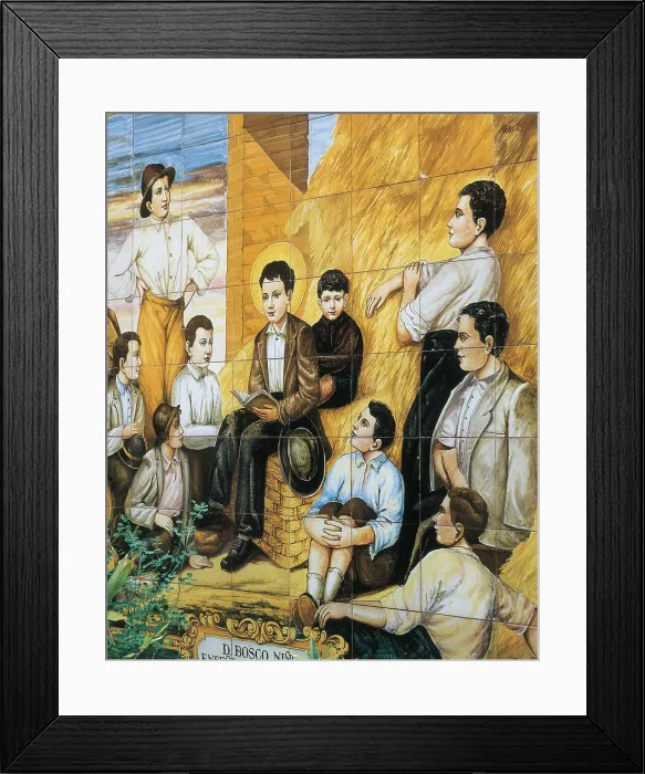 Framed Print : BoscoSaint John (1815-1888). Italian priest and educator. Glazed tiles panel with representation of the childhood of the saint