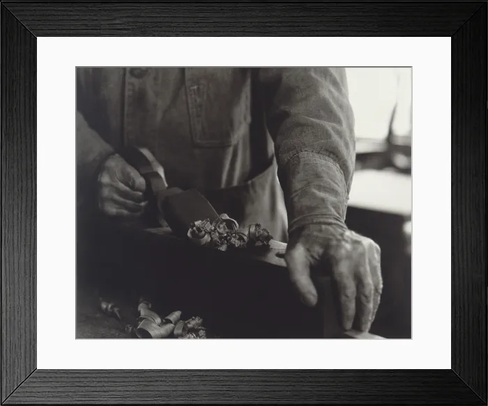 Framed Print : Hands of Shaker Brother Ricardo Belden using a wooden plane in a workshop at the Hancock Shaker village near Pittsfield, Massachusetts. 1935 photo by Samuel Kravitt