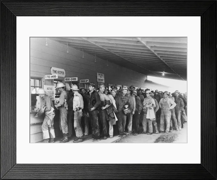 Framed Print : Construction workers lined up on payday at Shasta Dam, a New Deal public works project. 1940 photo by Russell Lee Framed Print : Construction workers lined up on payday at Shasta Dam, a New Deal public works project. 1940 photo by Russell Lee