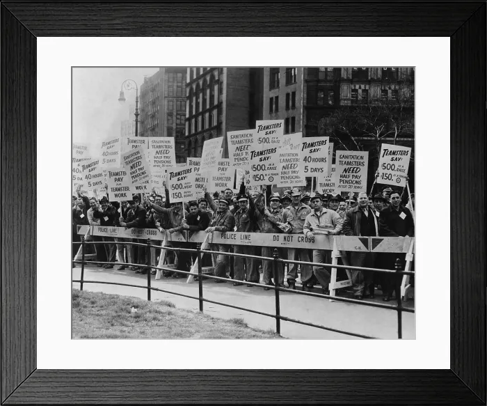 Framed Print : Teamster Union members holding picket signs supporting higher pay and pensions in New York City, 1954