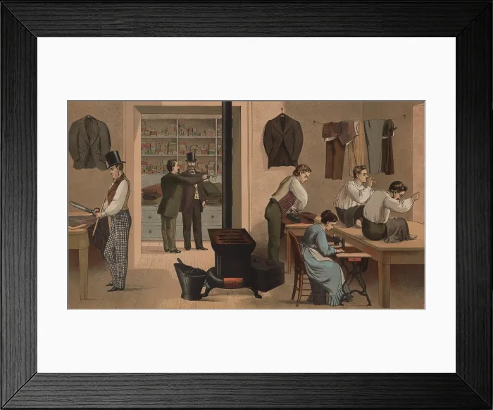Framed Print : Men and a woman working in a tailor shop, where each garment was custom made for each customer Framed Print : Men and a woman working in a tailor shop, where each garment was custom made for each customer