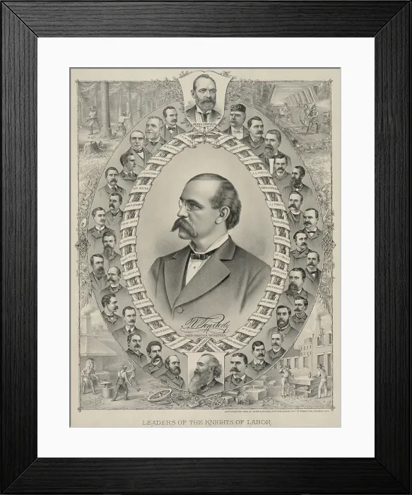 Framed Print : Terence Vincent Powderly (1849-1924) portrait is surrounded by 32 smaller portraits of the Leaders of the Knights of Labor and scenes of labor