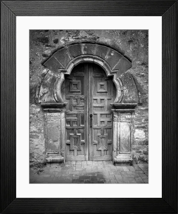 Framed Print : Mission San Francisco de la Espada, detail of the front door. San Antonio, Texas