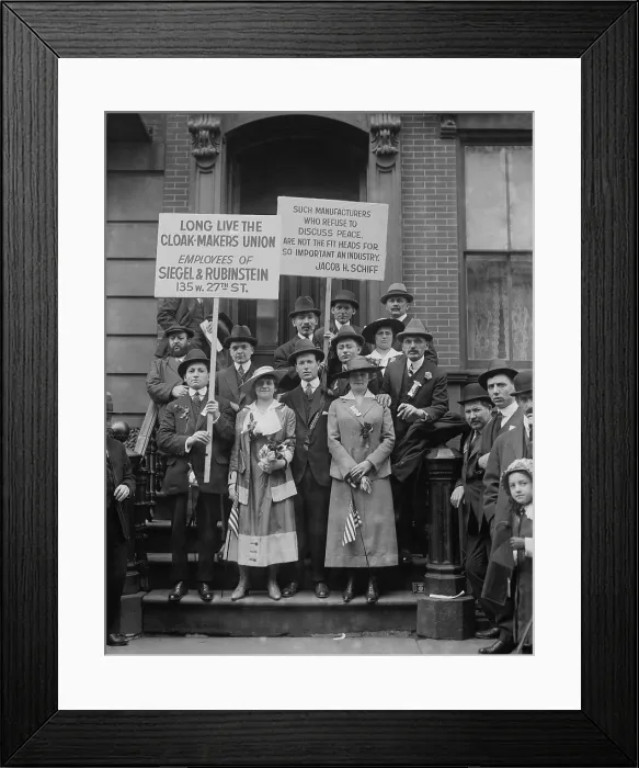 Framed Print : On May Day, striking cloak makers display a sign reading, SUCH MANUFACTURERS WHO REFUSE TO DISCUSS PEACE ARE NOT FIT HEADS FOR SO IMPORTANT AN INDUSTRY. New York City, May 1, 1916
