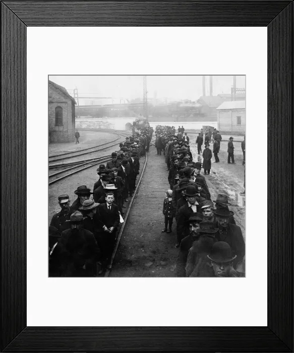 Framed Print : Pay line at the Homestead Steel works, showing the steel corporation's employees of different ages, from boys to older men. Some wear suits while others are in work clothes