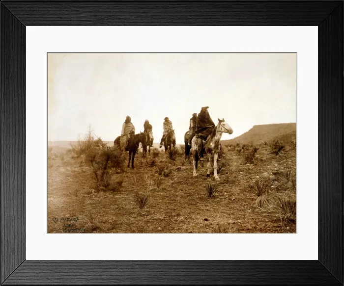 Framed Print : Apaches. Desert rovers- Five Apache on horseback in desert. photo by Edward S. Curtis, 1903