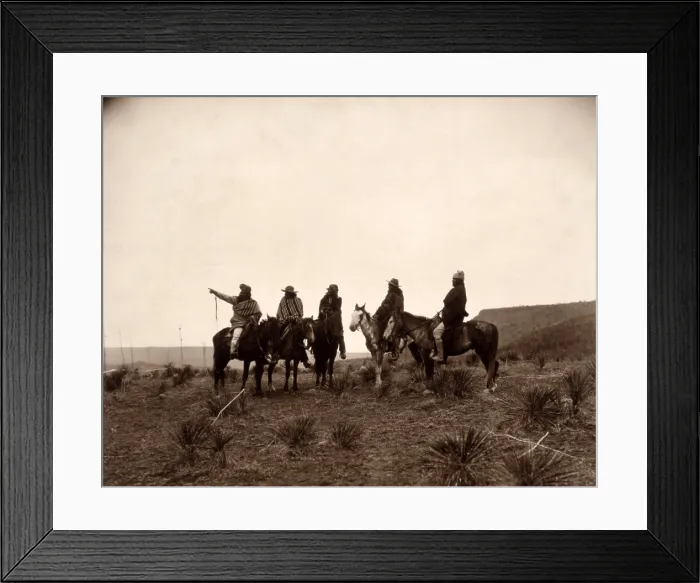 Framed Print : Apaches. The lost trail- Five Apache on horseback in the desert. photo by Edward S. Curtis, 1903