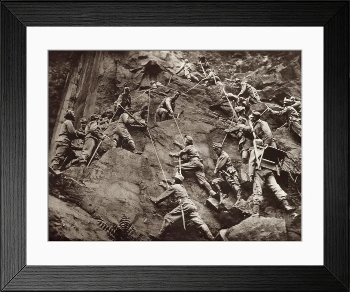Framed Print : World War 1 in the Italian and Austria Alps. Austrian mountain troops in the Isonzo district, clinging to rocks and helping each other along by ropes