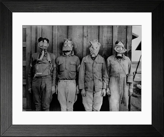 Framed Print : Soldiers wearing WW1 gas masks. L-R: American, British. French, German. 1917-18. (BSLOC_2012_4_124)