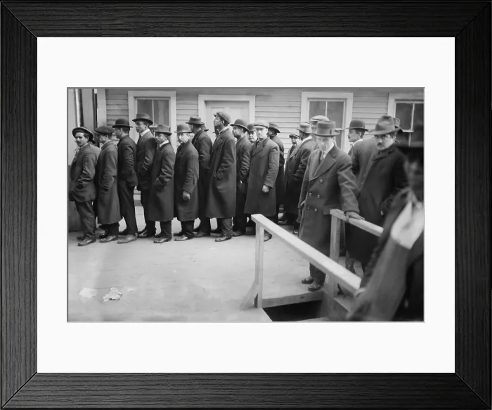 Framed Print : Multi-ethnic group of men waiting to apply for subway work in New York City, ca. 1910