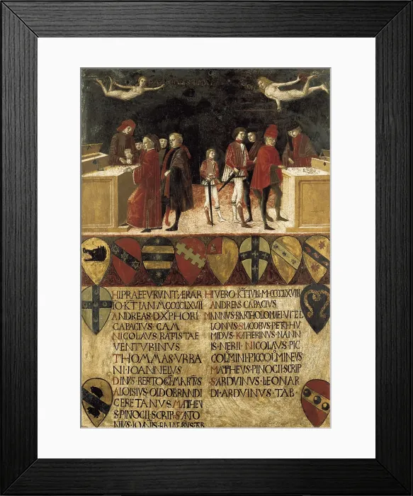 Framed Print : BENVENUTO DI GIOVANNI (1436-1518). The Council Finances in Times of War and of Peace. 1468. Renaissance art. Oil on wood. ITALY. Siena. Archivio di Stato (Provincial Archives) Framed Print : BENVENUTO DI GIOVANNI (1436-1518). The Council Finances in Times of War and of Peace. 1468. Renaissance art. Oil on wood. ITALY. Siena. Archivio di Stato (Provincial Archives)