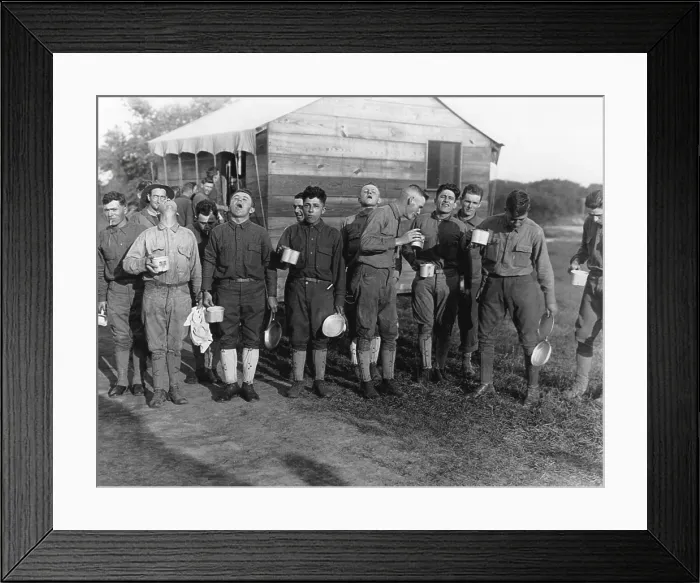 Framed Print : Soldiers gargle with salt and water to prevent influenza. Sept. 24, 1918. Camp Dix, New Jersey, during the 1918-19 Spanish Influenza pandemic. (BSLOC_2012_4_135)