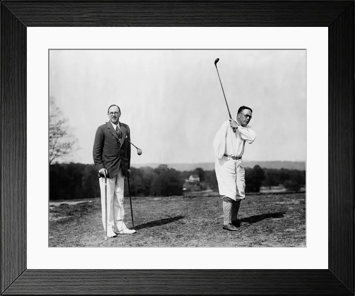 Framed Print : World War veterans play par golf spite of their handicaps. 1920s. Colonel Charles R. Crosfield (left), who uses an artificial leg, and Gen. James A Framed Print : World War veterans play par golf spite of their handicaps. 1920s. Colonel Charles R. Crosfield (left), who uses an artificial leg, and Gen. James A