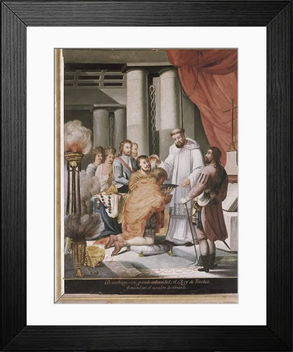 Framed Print : Baptism of the King of Texcoco with the name of Fernando. 'HernAn Cortes restores on his throne to the king of the city of Texcoco in 1519