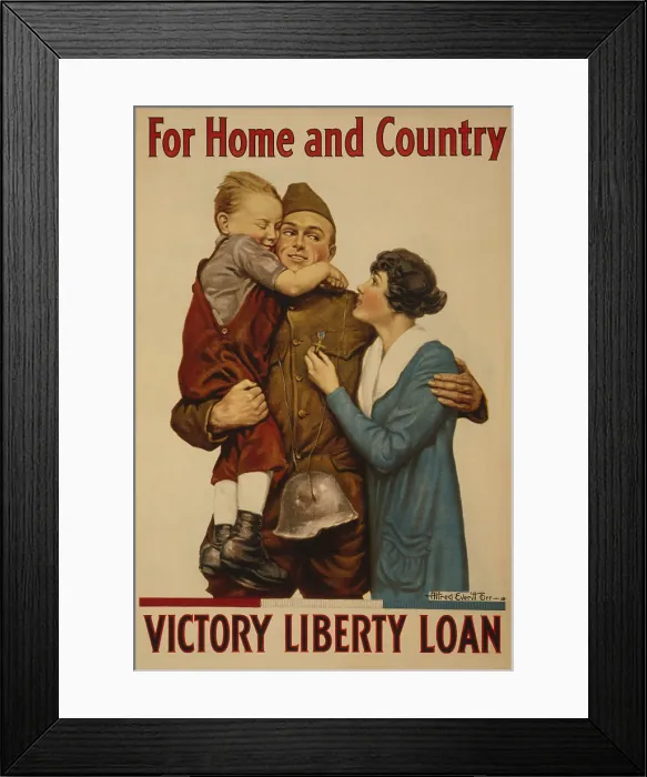 Framed Print : American 1918 WW1 poster of a soldier embracing a woman and child. Poster reads, For home and country - Victory Liberty Loan'. (BSLOC_2012_4_33) Framed Print : American 1918 WW1 poster of a soldier embracing a woman and child. Poster reads, For home and country - Victory Liberty Loan'. (BSLOC_2012_4_33)