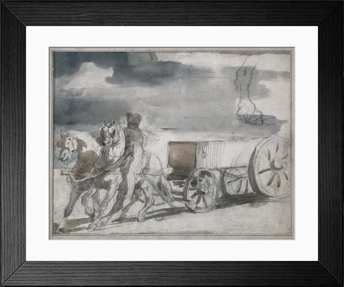 Framed Print : GeRICAULT, Theodore (1791-1824). Munition Cart Drawn by Two Horses. 1818 - 1819. Graphite, paintbrush and watered ink on paper. Romanticism