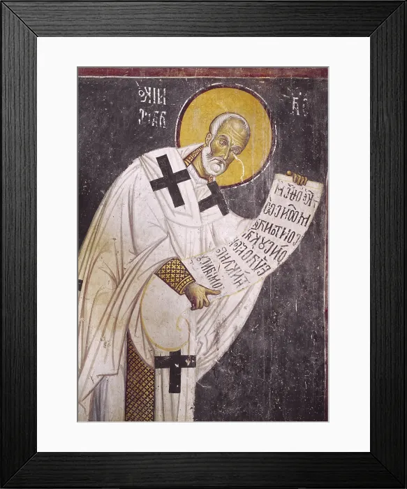 Framed Print : CROATIA. Gorno Nerezi. Church of Saint Pantaleon. Clement of Alexandria. Painting from 12th century. Komnenos dynasty. Late Byzantine art. Fresco Framed Print : CROATIA. Gorno Nerezi. Church of Saint Pantaleon. Clement of Alexandria. Painting from 12th century. Komnenos dynasty. Late Byzantine art. Fresco