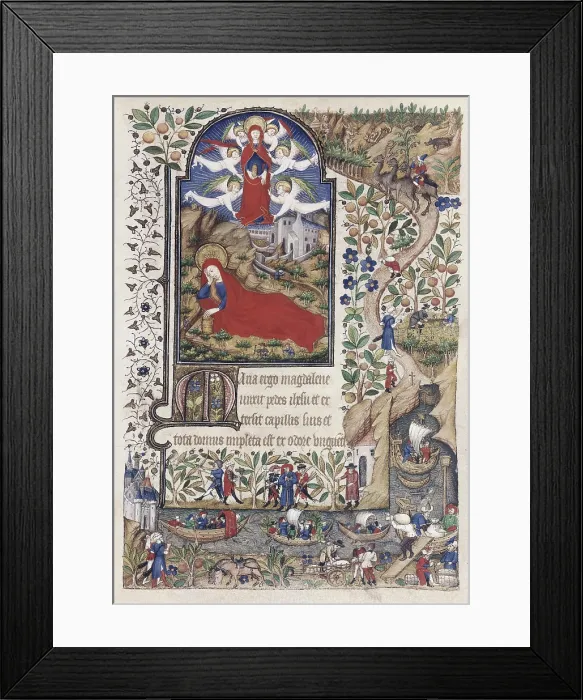Framed Print : Book of Hours of Marguerite d'Orleans. ca. 1430. Fol. 174. Mary Magdalene. Margin miniatures with Journey to the Country of Prester John. Gothic art. Miniature Painting Framed Print : Book of Hours of Marguerite d'Orleans. ca. 1430. Fol. 174. Mary Magdalene. Margin miniatures with Journey to the Country of Prester John. Gothic art. Miniature Painting