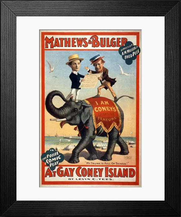 Framed Print : Mathews & Bulger in the polite comic play, 'At gay Coney Island' Riding elephants on the beach at Coney Island, New York City, 1896 Framed Print : Mathews & Bulger in the polite comic play, 'At gay Coney Island' Riding elephants on the beach at Coney Island, New York City, 1896