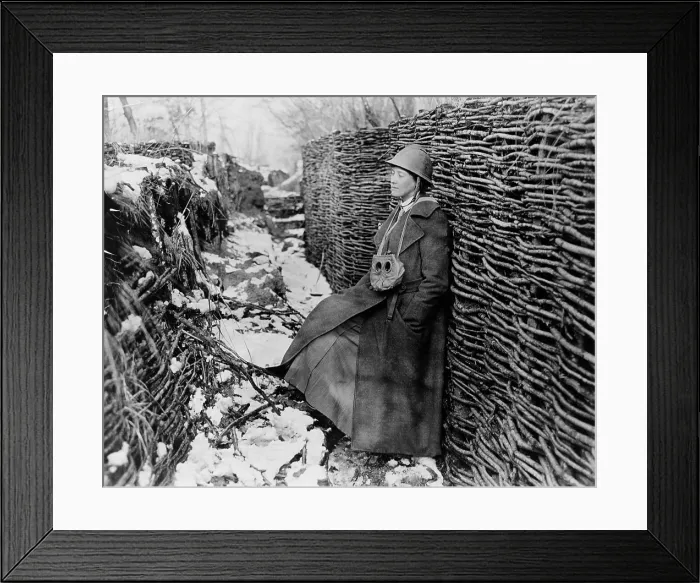 Framed Print : Photojournalist Helen Johns Kirtland in trench during World War I. 1917-18. She wears a trench during, helmet and has a gas mask hanging around her neck. (BSLOC_2012_4_49) Framed Print : Photojournalist Helen Johns Kirtland in trench during World War I. 1917-18. She wears a trench during, helmet and has a gas mask hanging around her neck. (BSLOC_2012_4_49)