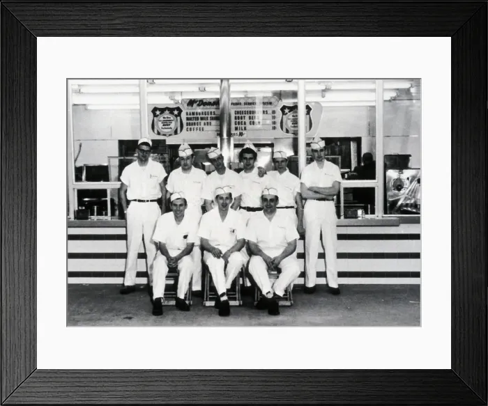 Framed Print : McDonald's restaurant original crew in front of first corporate store in Des Plaines Illinois. 1955. McDonald's Corp. photo. Photo by:Everett Collection(BSLOC_2011_6_179)