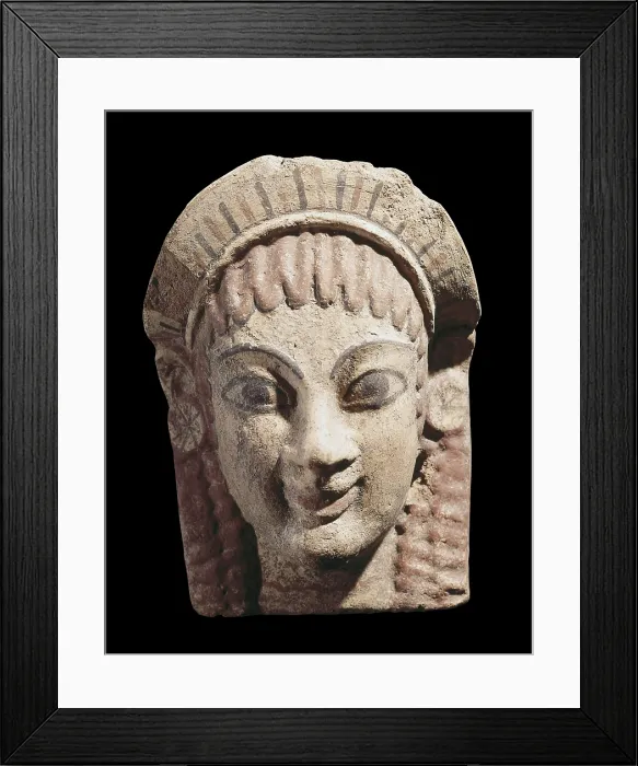 Framed Print : Antefix with a female head. 6th c. BC. Etruscan art. Terra-cotta. ITALY. Cerveteri. National Etruscan Museum of Archaeology Framed Print : Antefix with a female head. 6th c. BC. Etruscan art. Terra-cotta. ITALY. Cerveteri. National Etruscan Museum of Archaeology