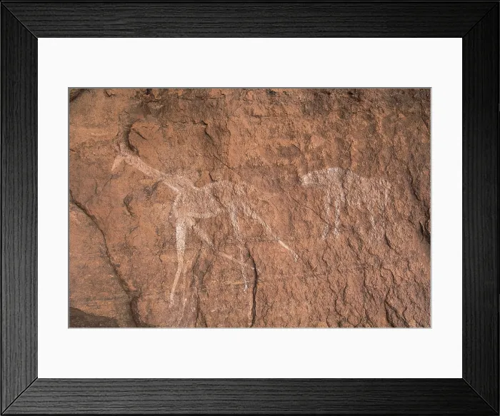 Framed Print : LIBYA. Tadrart Acacus. Representation of a giraffe running away from a feline (12.000-8000 BC). Neolithic art. Cave Framed Print : LIBYA. Tadrart Acacus. Representation of a giraffe running away from a feline (12.000-8000 BC). Neolithic art. Cave