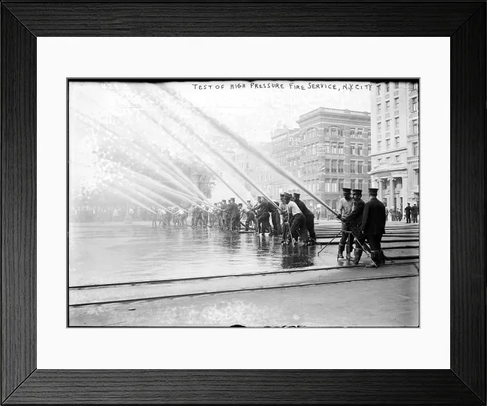 Framed Print : Fireman testing high-pressure hoses, New York City New York, 1900-1910 Framed Print : Fireman testing high-pressure hoses, New York City New York, 1900-1910