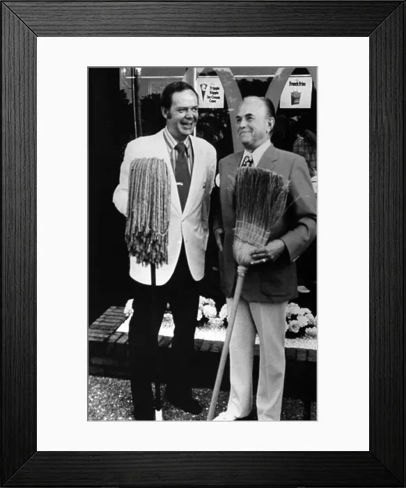 Framed Print : Fred Turner with mop and Roy Kroc with broom at the 2500th McDonald's franchise restaurants at Hickory Hills Illinois in 1973. McDonald's Corp Framed Print : Fred Turner with mop and Roy Kroc with broom at the 2500th McDonald's franchise restaurants at Hickory Hills Illinois in 1973. McDonald's Corp