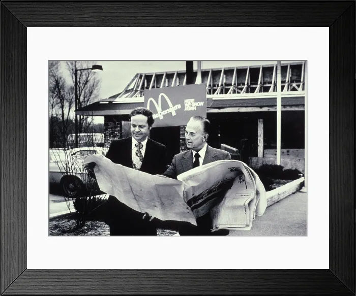 Framed Print : Fred Turner and Ray Kroc the executive leaders of McDonald's Corporation looking at blueprints of future restaurant. McDonald's Corp. photo ca
