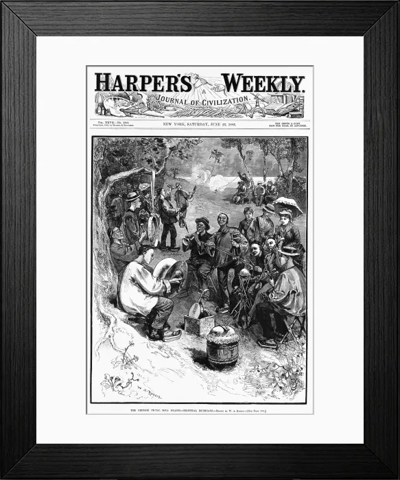 Framed Print : Chinese immigrants, wearing their native clothing, perform with traditional instruments on Iona Island in Hudson Valley north of New York City. 1883