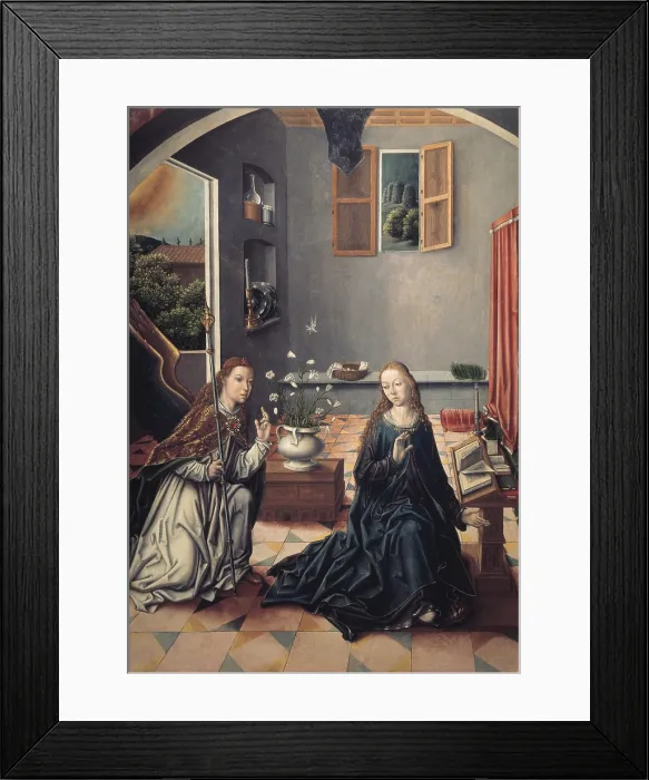 Framed Print : GALLEGO, Fernando (1440-1507). The Annunciation. Late 15th c. Part of the main altarpiece of the church. Renaissance art. Oil on wood. SPAIN. Arcenillas. Church of the Assumption