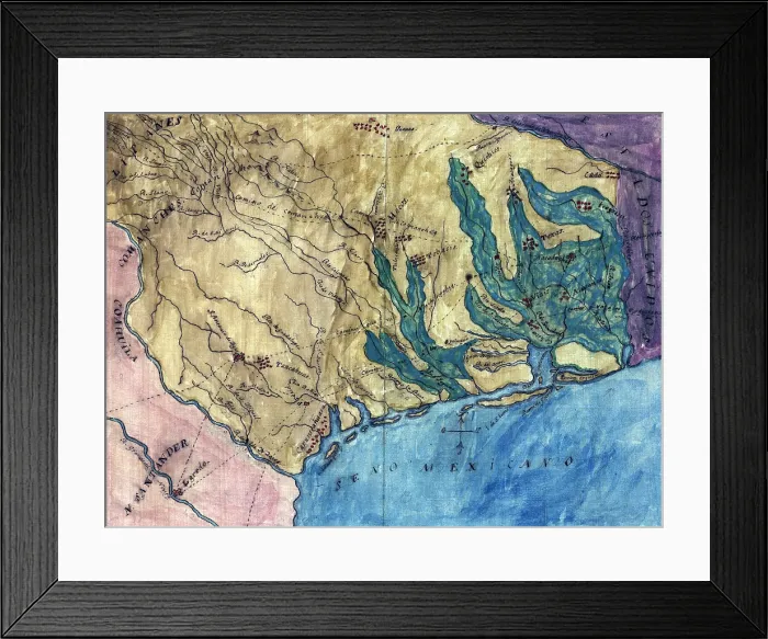 Framed Print : Topographic map of the Province of Texas. Stephen F. Austin's hand-drawn map of the Spanish Province of Texas. 1822 Framed Print : Topographic map of the Province of Texas. Stephen F. Austin's hand-drawn map of the Spanish Province of Texas. 1822