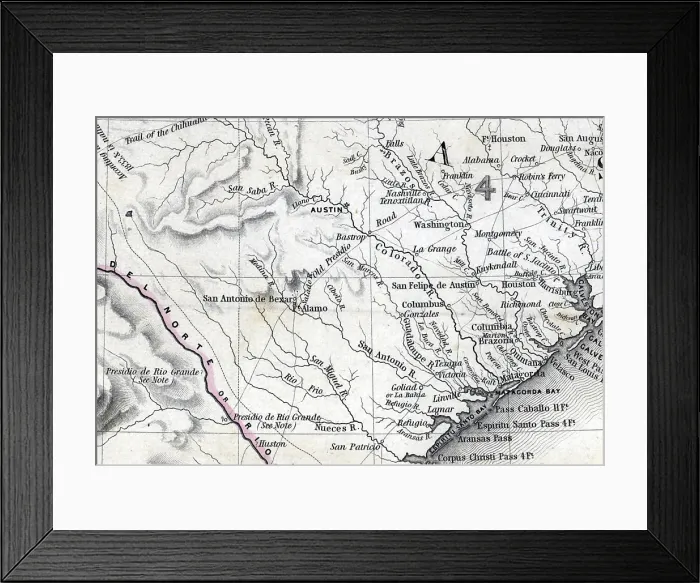 Framed Print : Map of the Republic of Texas and the countries adjacent, detail featuring the location of Fort Alamo. United States. Topographical Bureau of the United States. 1844 Framed Print : Map of the Republic of Texas and the countries adjacent, detail featuring the location of Fort Alamo. United States. Topographical Bureau of the United States. 1844