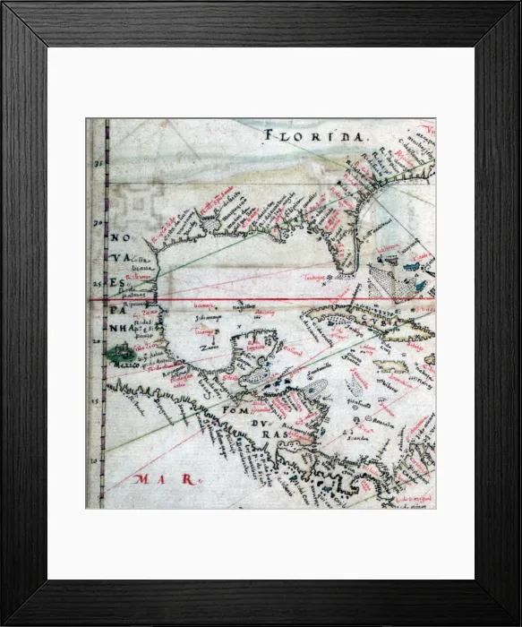 Framed Print : Map of Spanish Americas, featuring New Spain, Florida, Cuba, and the Gulf Of Mexico. ca. 1630 Framed Print : Map of Spanish Americas, featuring New Spain, Florida, Cuba, and the Gulf Of Mexico. ca. 1630