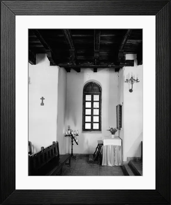 Framed Print : Mission San Francisco de la Espada, altar with crucifix and statues of Jesus, St. Francis of Assisi and the Virgin Mary. San Antonio, Texas