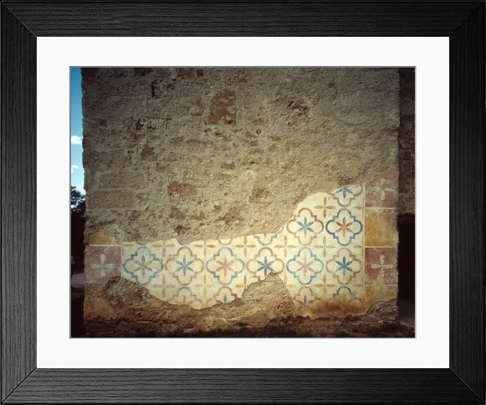 Framed Print : Mission San Jose y San Miguel de Aguayo, detail of decorative plaster on the south wall of the front bell tower. San Antonio, Texas