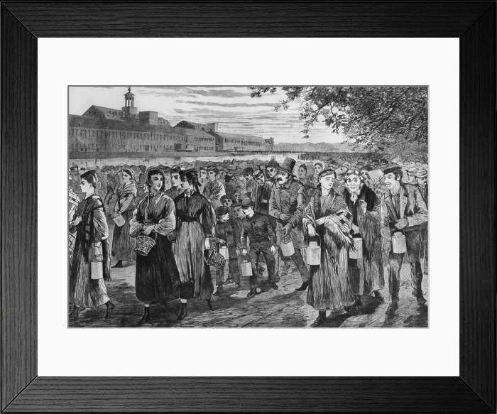 Framed Print : Bell-Time, wood engraving after Winslow Homer drawing of 1868 shows workers leaving the Lawrence, Massachusetts, factory at the end of their 13 hour day