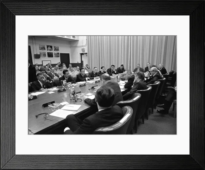 Framed Print : Military and civilian participants in the 1966 Honolulu Conference on the Vietnam War. President Johnson is flanked by Robert McNamara and Dean Rusk