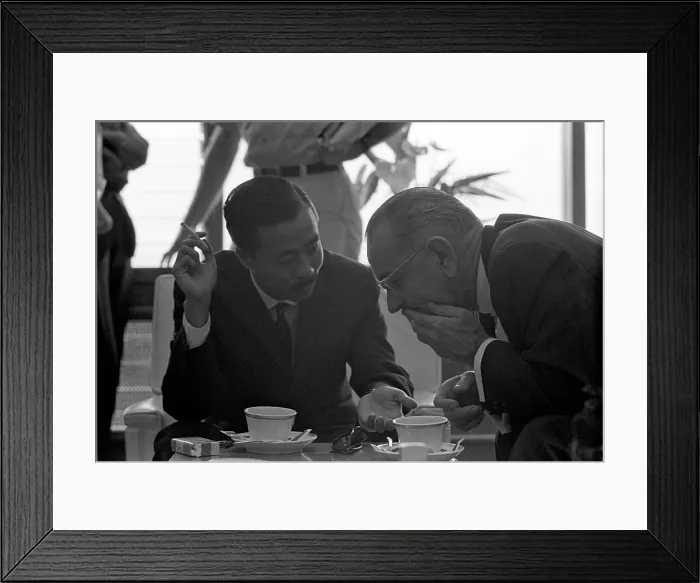 Framed Print : President Lyndon Johnson talks with V.P. Nguyen Cao Ky during the Honolulu Conference on the Vietnam War. Feb. 8, 1966