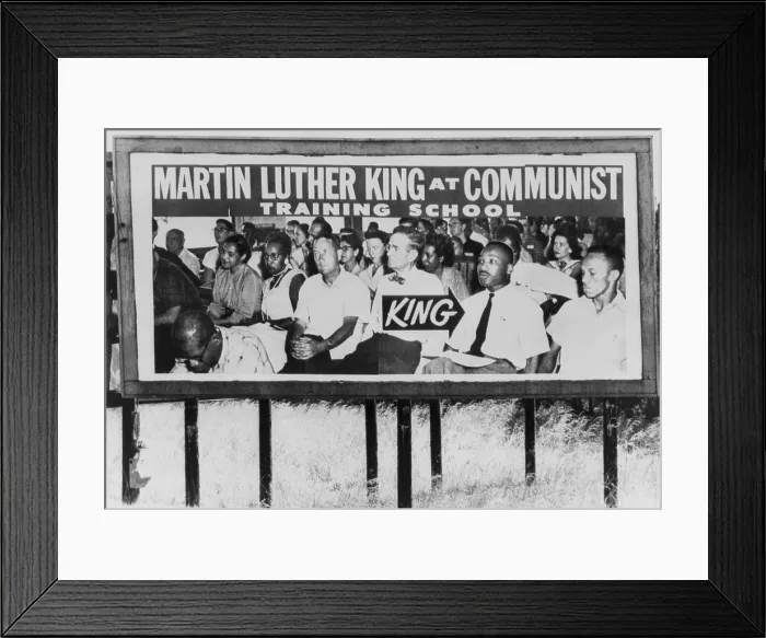 Framed Print : Communist accusation. Billboard of a 1950's photo of Martin Luther King and Rosa Parks among others in a class at the Highlander Folk School, Monteagle, Tenn Framed Print : Communist accusation. Billboard of a 1950's photo of Martin Luther King and Rosa Parks among others in a class at the Highlander Folk School, Monteagle, Tenn